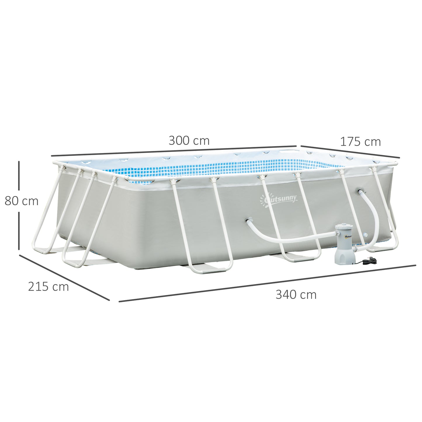 Opzetzwembad rechthoekig – zwembad – buitenzwembad – tuinzwembad – familiezwembad – lichtgrijs – duurzaam stalen frame – inclusief filterpomp 340x215x80 cm
