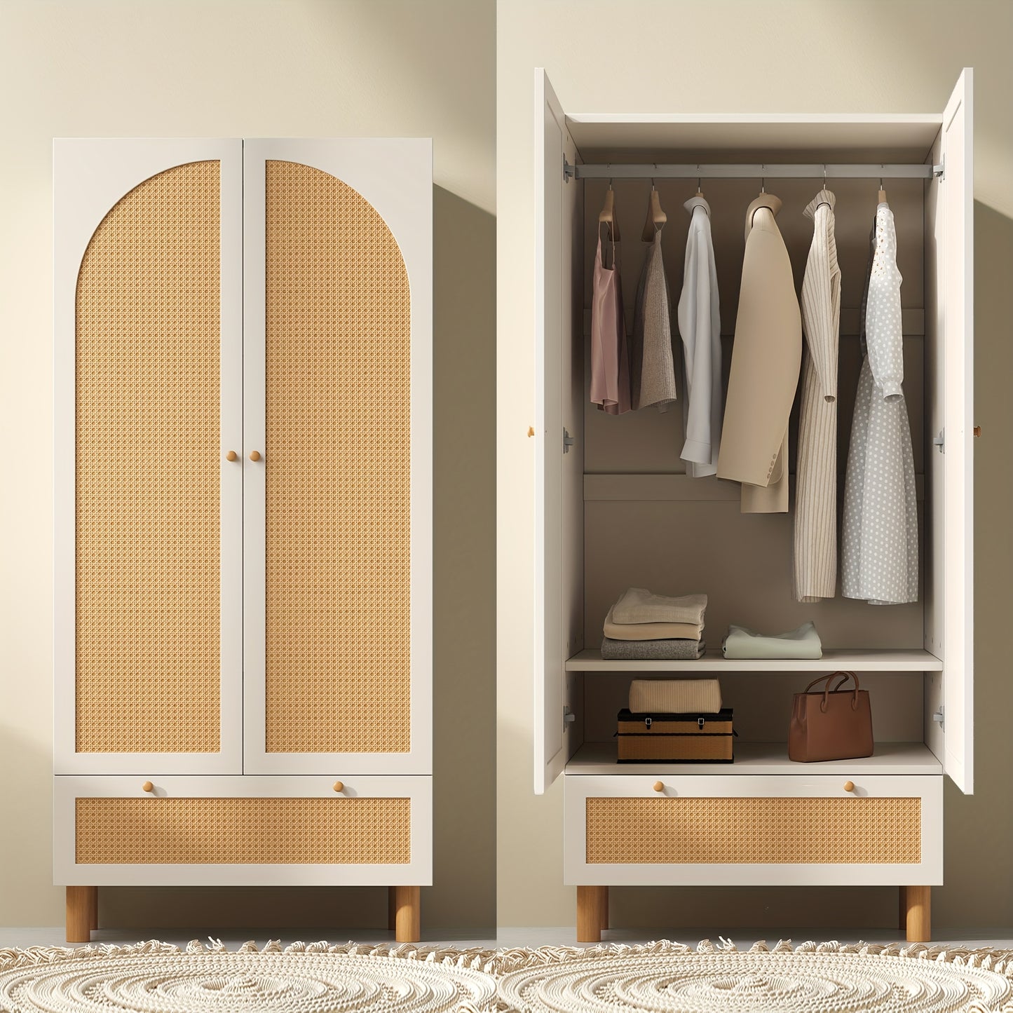 Kastenunit – Opbergkast – Kabinet – Dressoir – Ladekast – Tegen Kantelen – Verstelbare Planken – Rieten Deuren – Vrijstaand – Wit Houtkleur