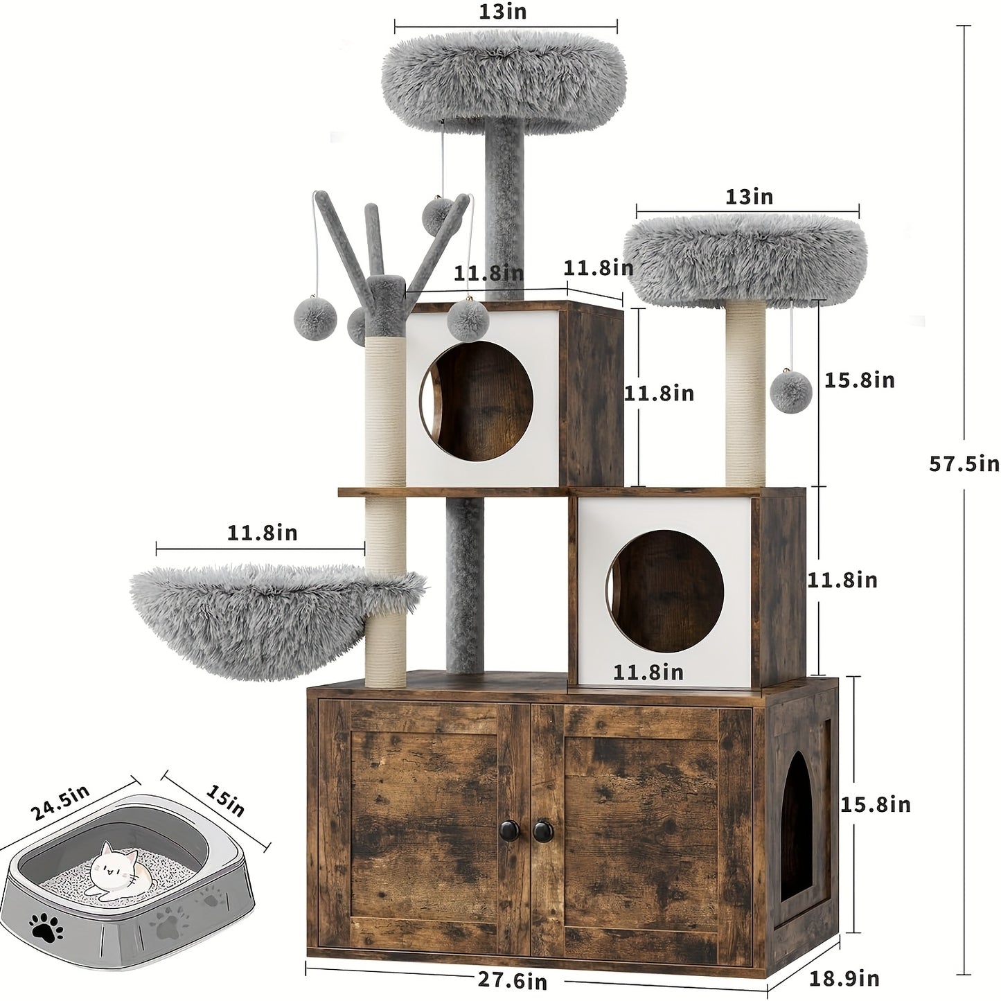 Kattenboom – Krabpaal – Kattenmeubel – Kattenhuis – Kattenkast – Verborgen Kattenbak – Duurzame Sisal Krabpaal – Ruimtebesparend Bruin-Wit Design