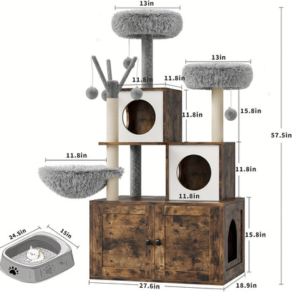 Kattenboom – Krabpaal – Kattenmeubel – Kattenhuis – Kattenkast – Verborgen Kattenbak – Duurzame Sisal Krabpaal – Ruimtebesparend Bruin-Wit Design