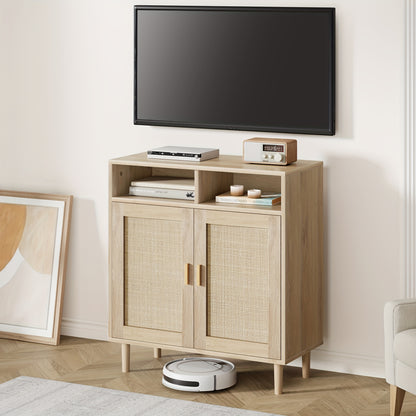 Dressoir – Opbergkast – Buffetkast – Sideboard – Dressoirkast – Rattan Deuren – Massief Houten Poten – 80x92x40 cm – 2 Open Planken