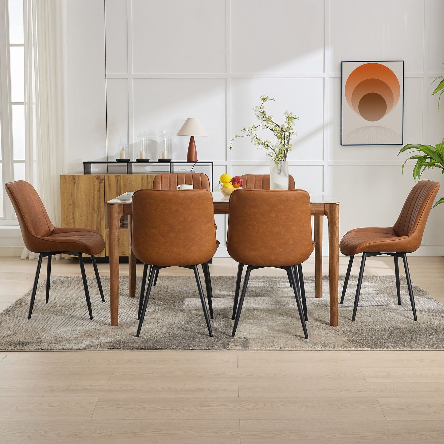 Eetkamerstoelen – Stoelen – Dining Chairs – Keukenstoelen – Café Stoelen – Set Van 2 – Gestoffeerde Zitting – Metalen Frame – Lineaire Rugleuning – Bruin – Makkelijk Schoon Te Maken