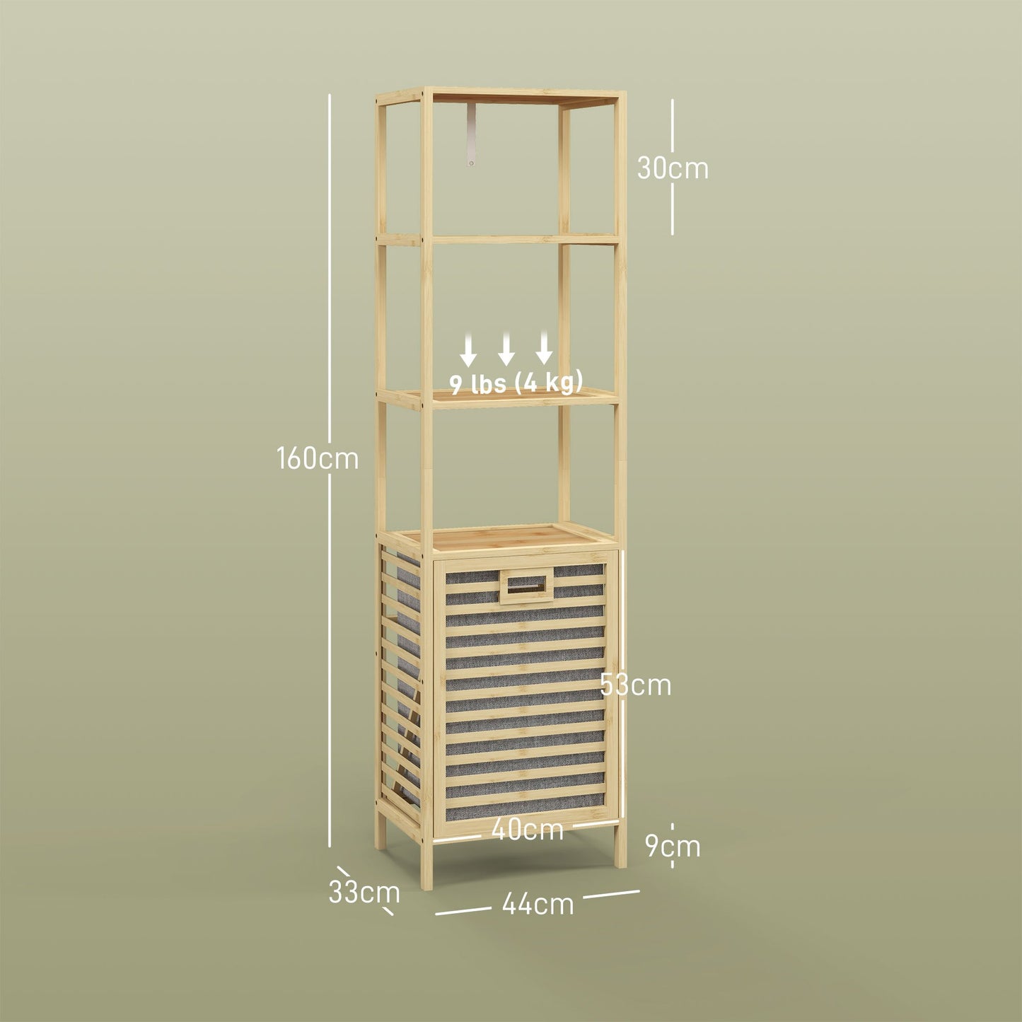 Badkamerkast – Badkamermeubel – Opbergkast – Wasmandkast – Smalle Kast – Bamboe Frame – Ingebouwde Wasmand Met Afneembare Zak – Compact Hoog Design 44x33x160cm