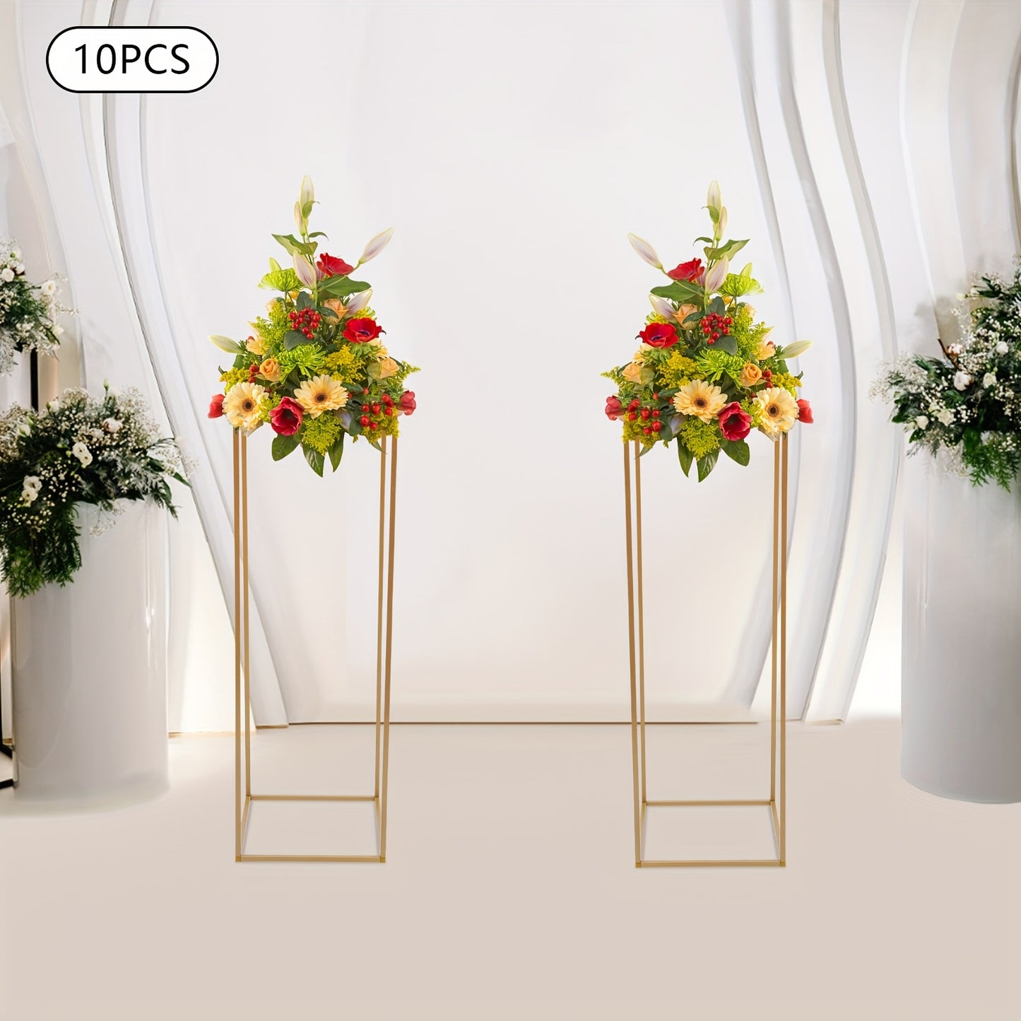 Vaasstandaard – Bloemenstandaard – Boeketstandaard – Bloemenhouder – Bloemhouder – Gouden Set van 10 – Stevig IJzer – 27x27x80 cm, Max 10 kg Draagkracht