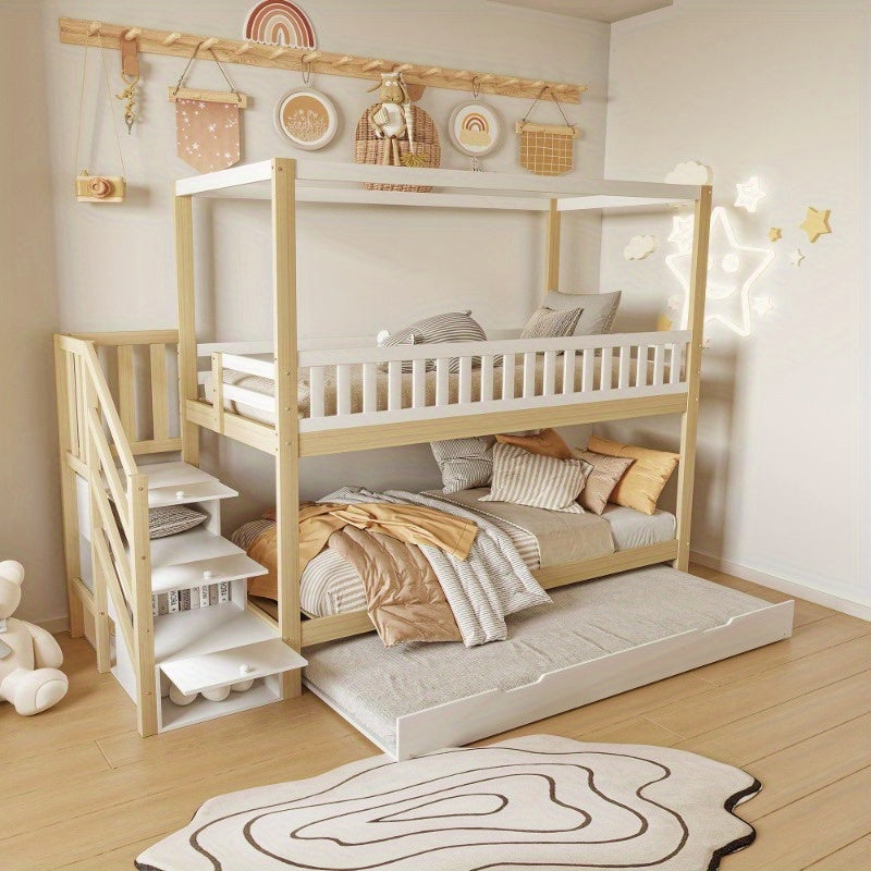 Hoogslaper – Loftbed – Stapelbed – Kinderbed – Eenpersoonsbed – Met Veiligheidshekken – Uitschuifbaar Bed – Opberglade – Wit/Naturel – 90x200 cm – Ruimtebesparend Design