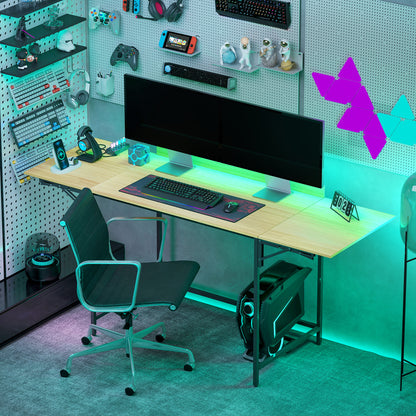 Foldable Computer Desk with 2 Extendable Panels, Ample Space for Monitors, Metal Legs, Sturdy Construction, Oak+Black