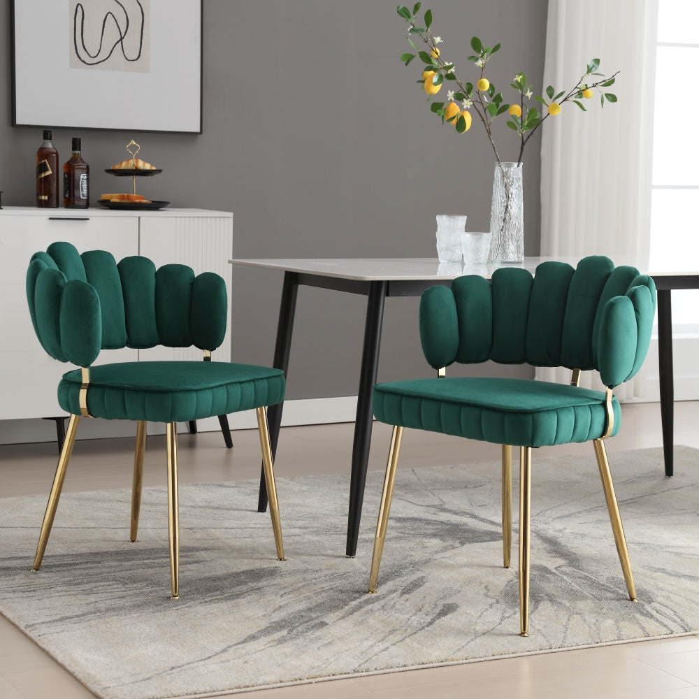 Eetkamerstoelen – Stoelen – Kuipstoelen – Meubels – Wonen – Set van 2 – Fluweel Groen – Comfortabele Bloemmotief Rugleuning – Stevige Metalen Poten