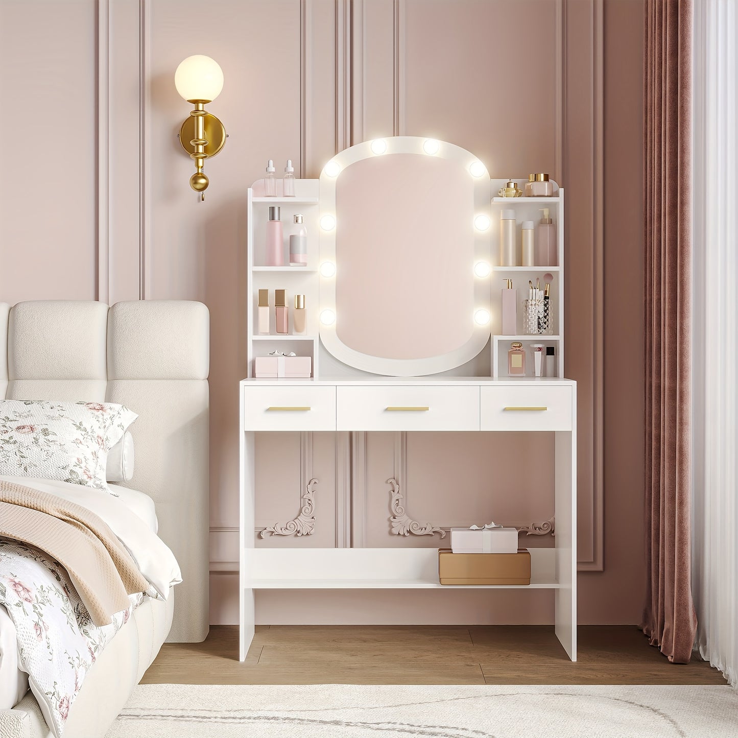 Kaptafel – Make-up tafel – Tocatoren – Vanity – Dressings Table – Linnenwit – 10 LED lampen met 3 lichtstanden – 3 lades en 6 open vakken
