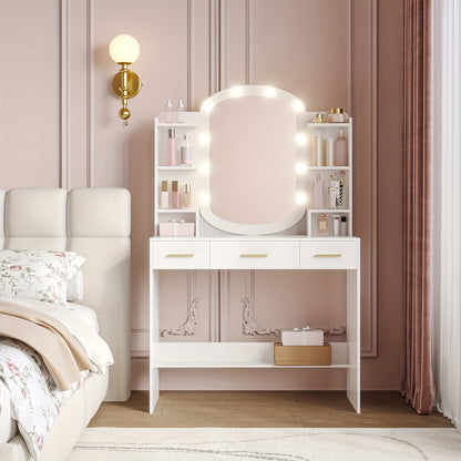 Kaptafel – Make-up tafel – Tocatoren – Vanity – Dressings Table – Linnenwit – 10 LED lampen met 3 lichtstanden – 3 lades en 6 open vakken