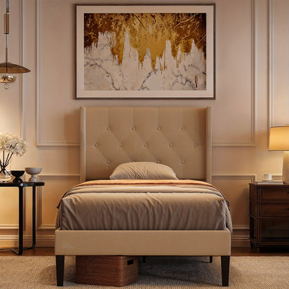 Gepolsterd Bedframe – Bedframe Met Bekleding – Gestoffeerd Bed – Slaapkamerbed – Houten Lattenbodem – Beige Kleur – 20 cm Opbergruimte – Makkelijk Te Monteren