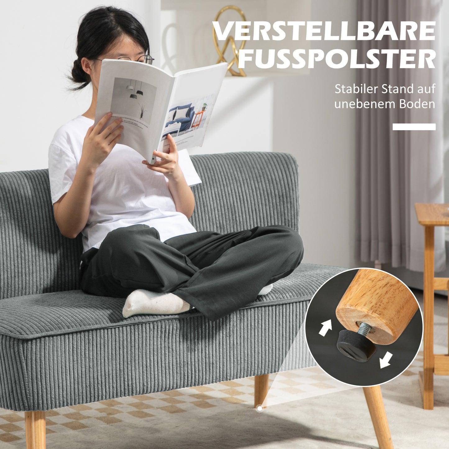 2-zits bank – tweepersoons sofa – loveseat – loveseatbank – zitbank – fluwelen polyester bekleding – stevig houten frame – 117x56,5x77 cm – grijs