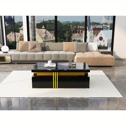 Moderne Salontafel – Koffietafel – Bijzettafel – Nachtkastje – Side Table – Marmerlook Hoogglans – 100x50x40 cm – 2 Lades & Metalen Frame