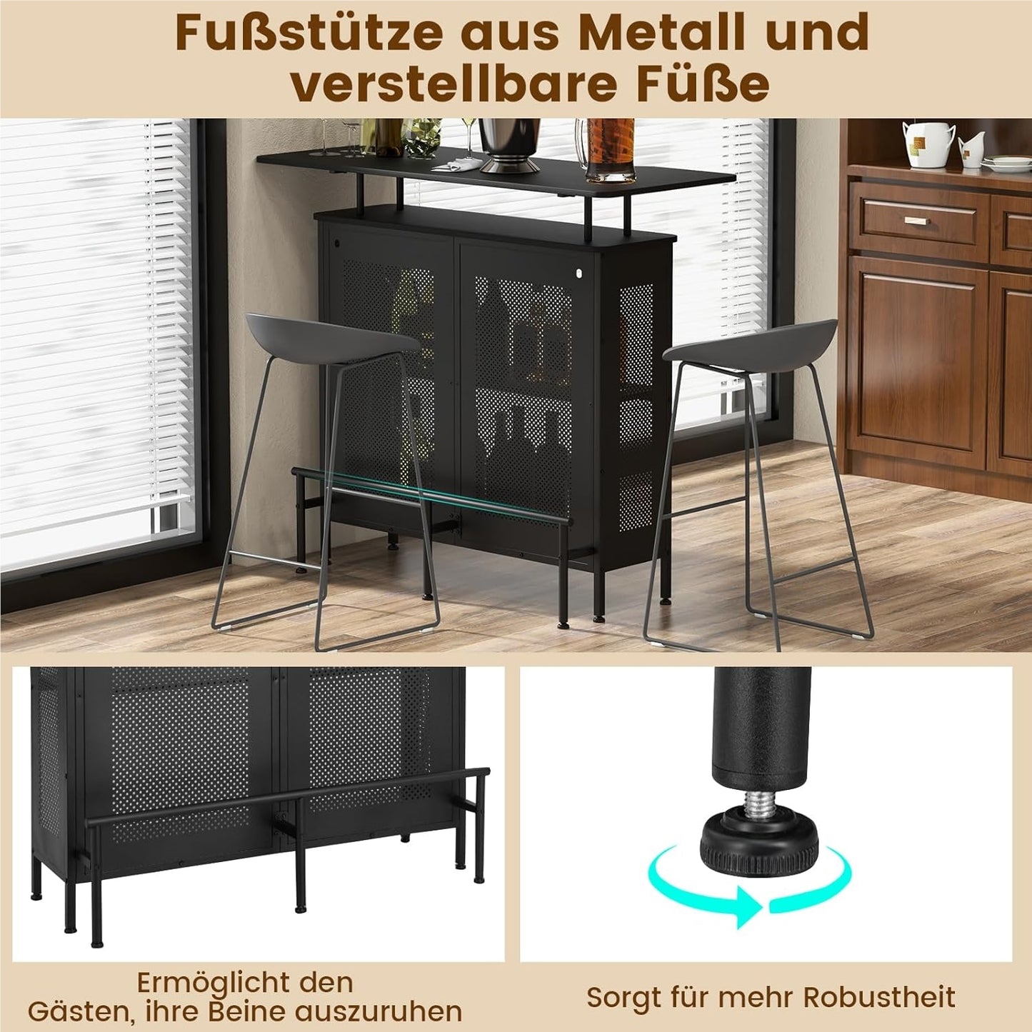 Bartafel – Barmeubel – Keukentafel – Tafel Met Opbergruimte – Zwarte Metalen Frame – Verstelbare Poten – 120 x 50 x 106,5 cm – Inclusief Voetsteun