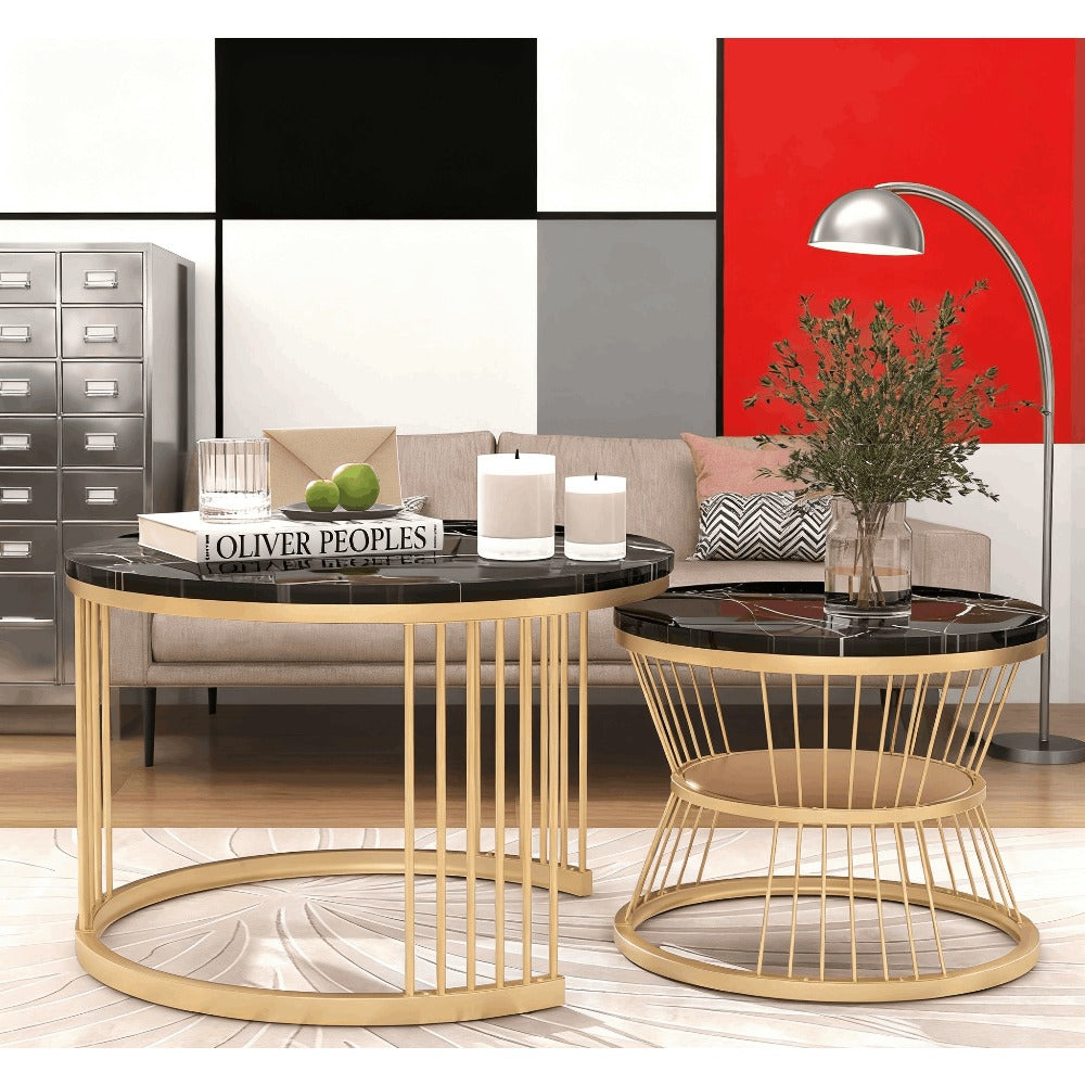 Salontafel – Bijzettafel – Nesting Tafel – Woonkamertafel – Balkon Salontafel – Metaal Frame – Marmerlook – Set Van 2 – Ronde Bladen – Ruimtebesparend – Lichtgewicht