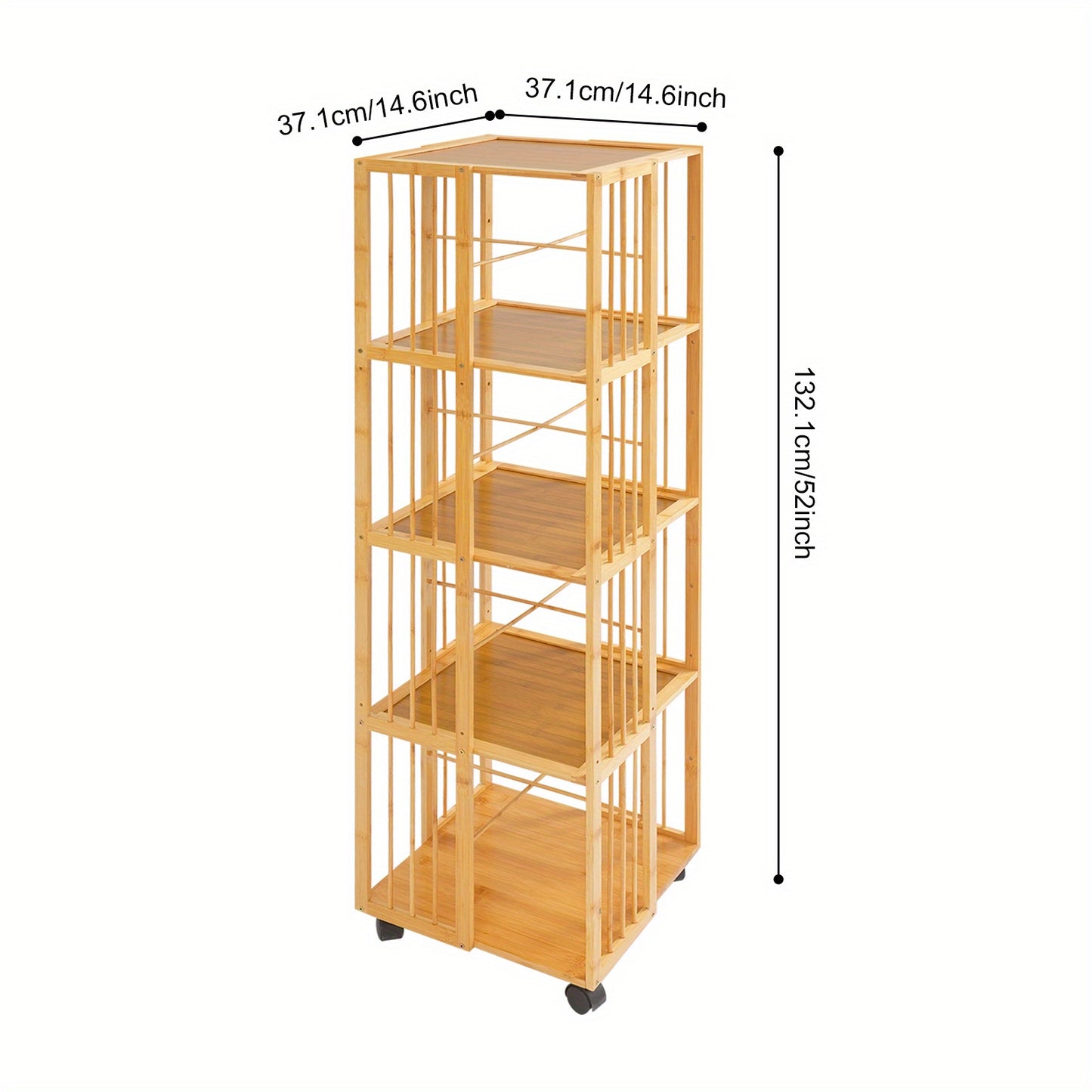 Boekenrek – Boekenkast – Boekenplank – Opbergkast – Vakkenkast – 5 Lagen – Bamboe – Mobiel met Remmen – 132x37x37 cm – Max. 100 kg – Natuurlijk Hout