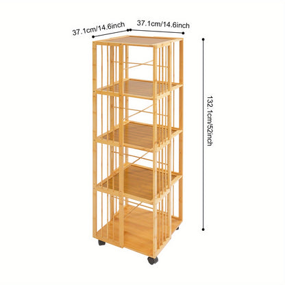 Boekenrek – Boekenkast – Boekenplank – Opbergkast – Vakkenkast – 5 Lagen – Bamboe – Mobiel met Remmen – 132x37x37 cm – Max. 100 kg – Natuurlijk Hout
