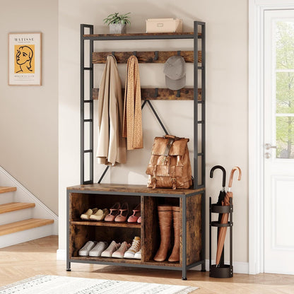 Halmeubel – Kapstok – Schoenenrek – Zitbank – Opbergmeubel – Industrieel Design – Robuuste MDF & Metaal – 62 kg Belastbaar – 5-in-1 Multifunctioneel Organizer – Zwart Houtkleur