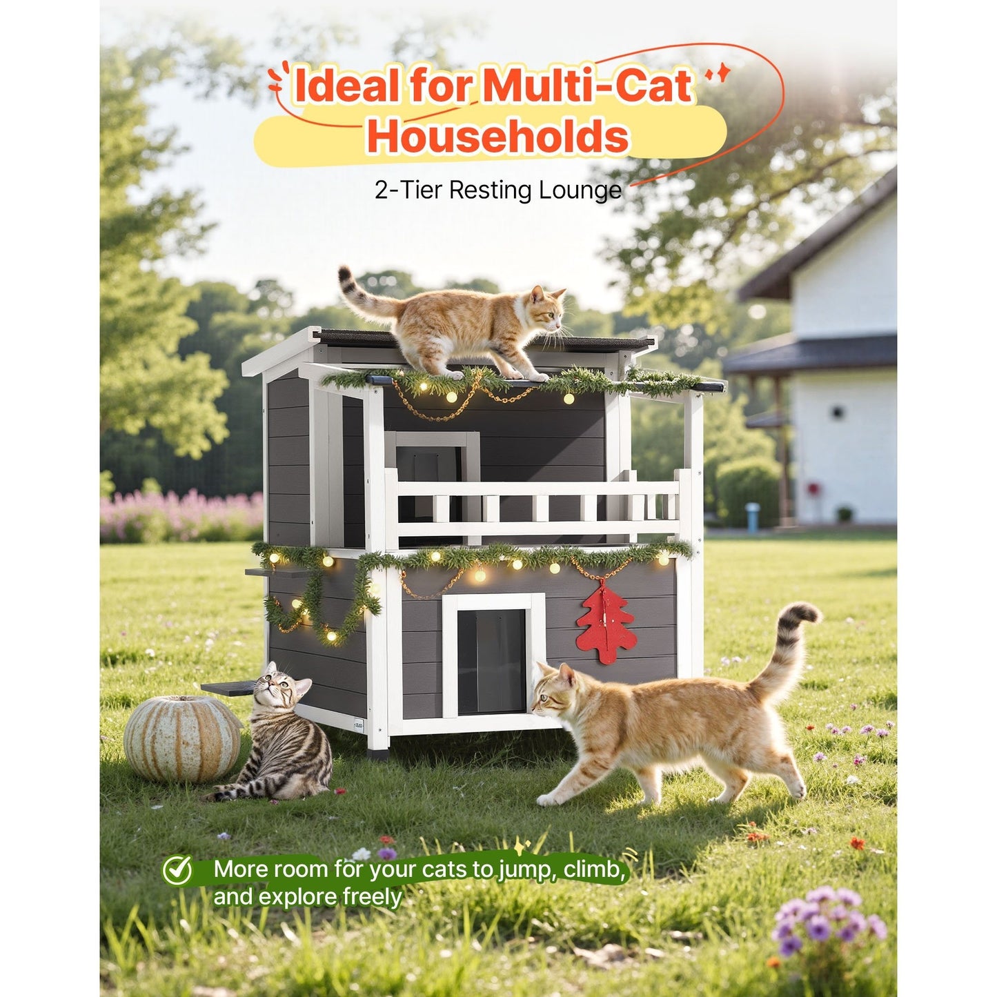 Kattenhuis – Buitenhuis Kattenhok – Kattenverblijf – Kattenhuisje – 2-Verdiepingen Houten Kattenhuis – Geïsoleerd Met Schuim – Weerbestendig En Ruim Voor 1-3 Katten