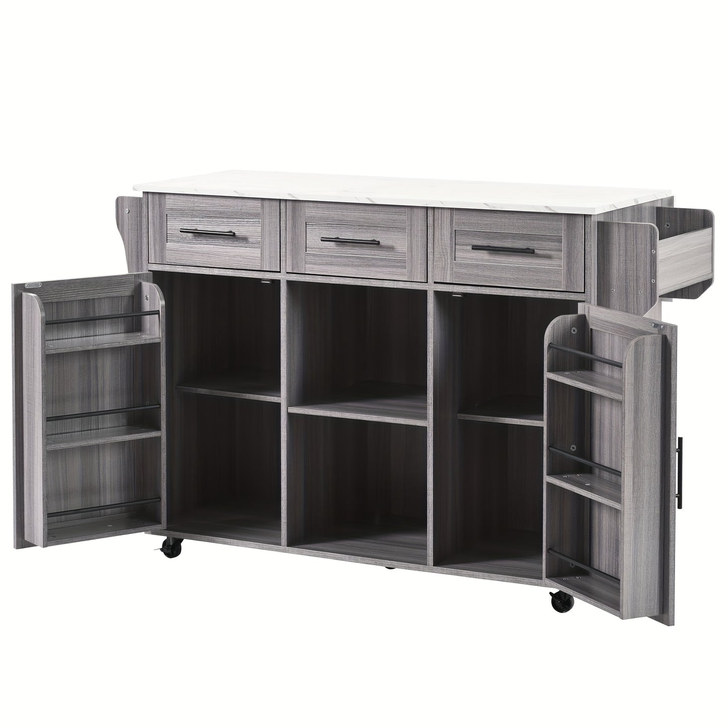 White Modern Foldable Mobile Serving Cart with Storage Doors & Lockable Tabletop - Heavy-Duty Expandable Sideboard on Casters, Non-Wood Cabinet /Dining Room, Space-Saving Furniture (139x46(71)x91.5cm) - Replaceable Feet