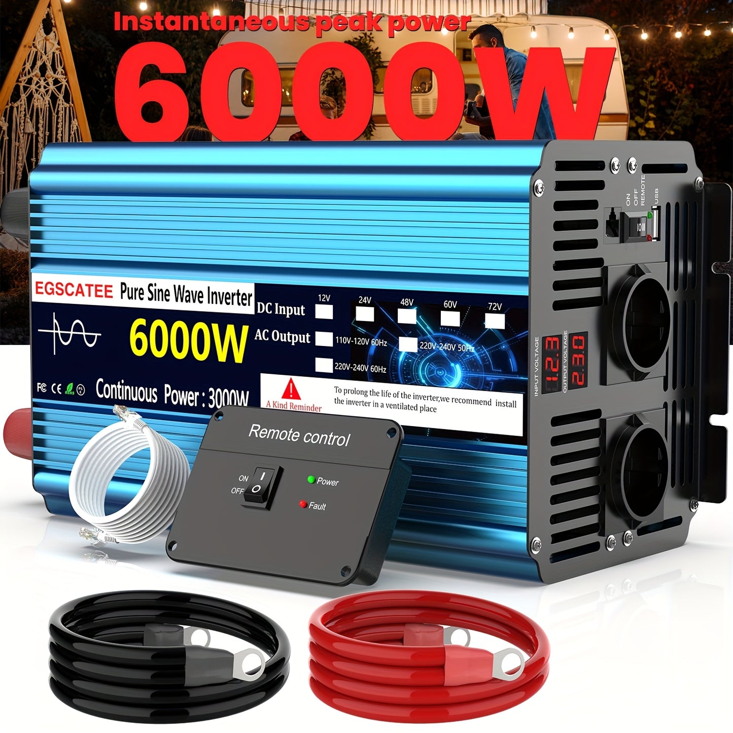 3000W Pure Sinus Omvormer – Stroomomvormer – Spanning Converter – DC Naar AC Omzetter – Camping Accu Omvormer – 6000W Piekvermogen – LCD Display & Afstandsbediening – Blauw
