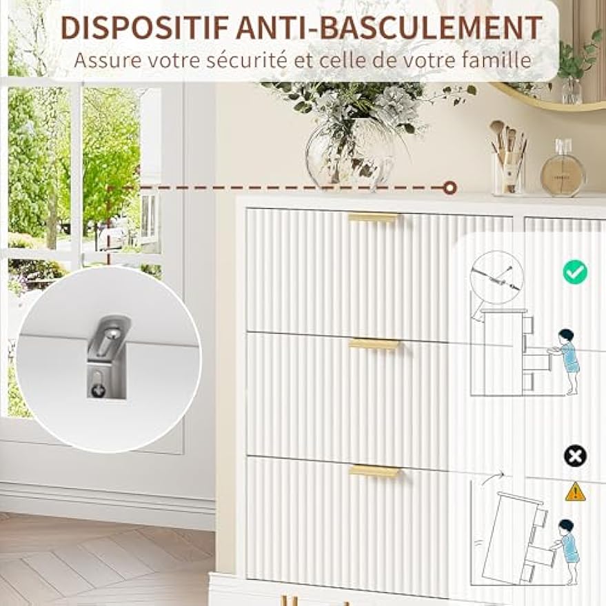 Ladekast – Ladenkast – Commode – Opbergkast – Dressoir – Wit Cannelé Design – 6 Lades – Compact 100x34x73 cm – MDF Met Houten Details
