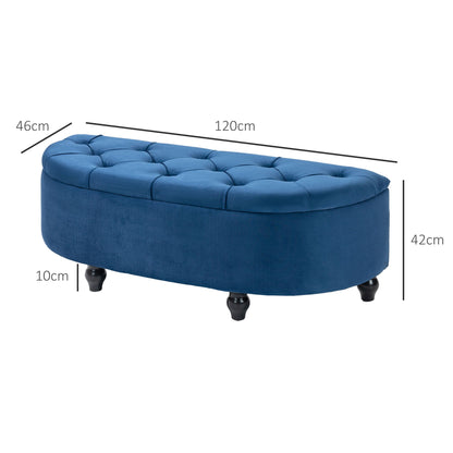 Opbergpoef – Opbergkoffer – Zithocker – Opbergbank – Blauw Fluweel – Klassiek Design – Stevig Houten Frame – Comfortabele Foam Zitting