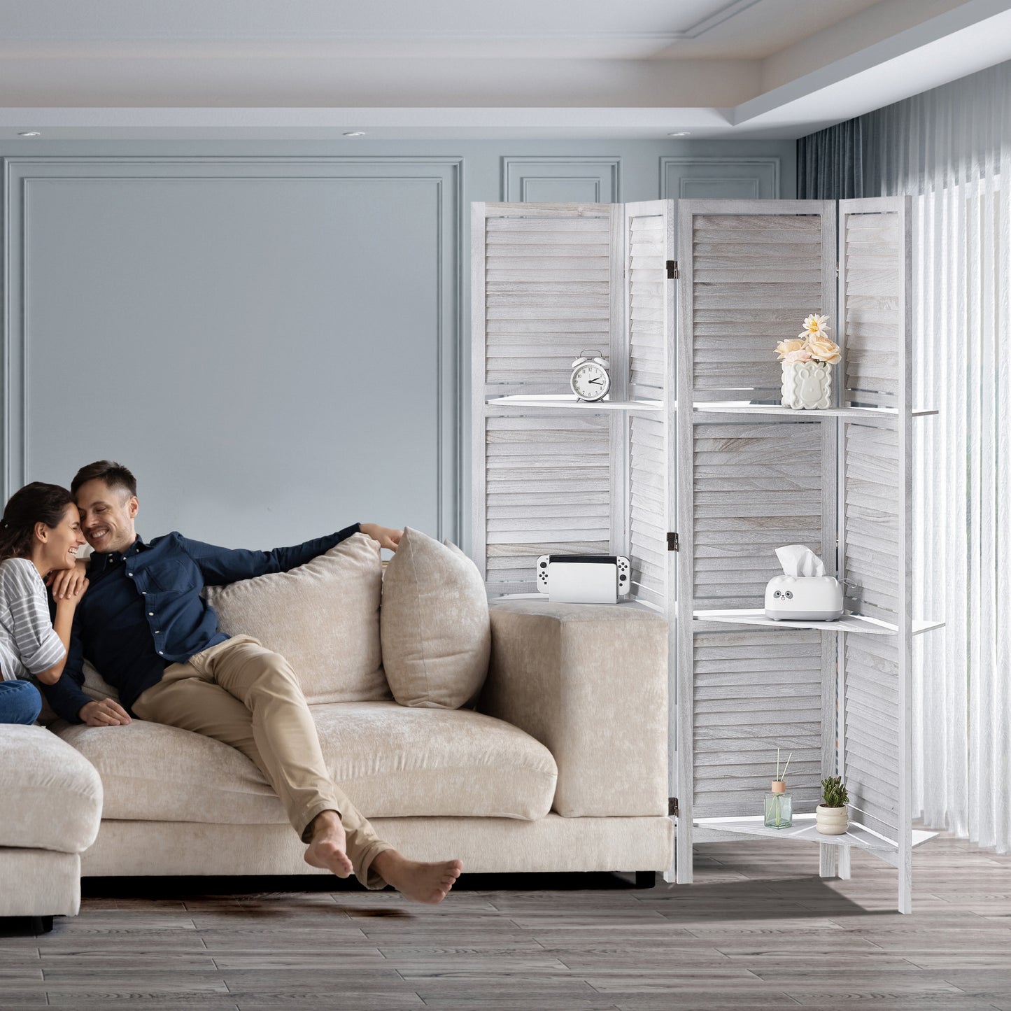 Kamerverdeler – Kamerscherm – Scheidingswand – Room Divider – Wit Paulowniahout – 4 Panelen Flexibel Scharnier – Direct Gebruiksklaar