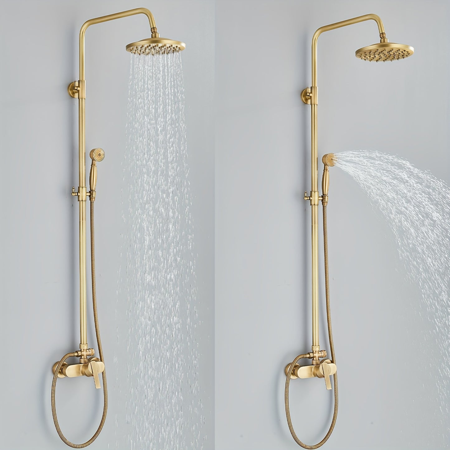 Antique Brass Bathroom Shower Mixer Taps Dual Outlet Head Round Bathroom Set, 2Jet Types Multi-Function Handheld Shower With Adjustable Height Overhead Rainfall Shower And 360° Rotating Tap For Bathroom, Multifunctional Hand