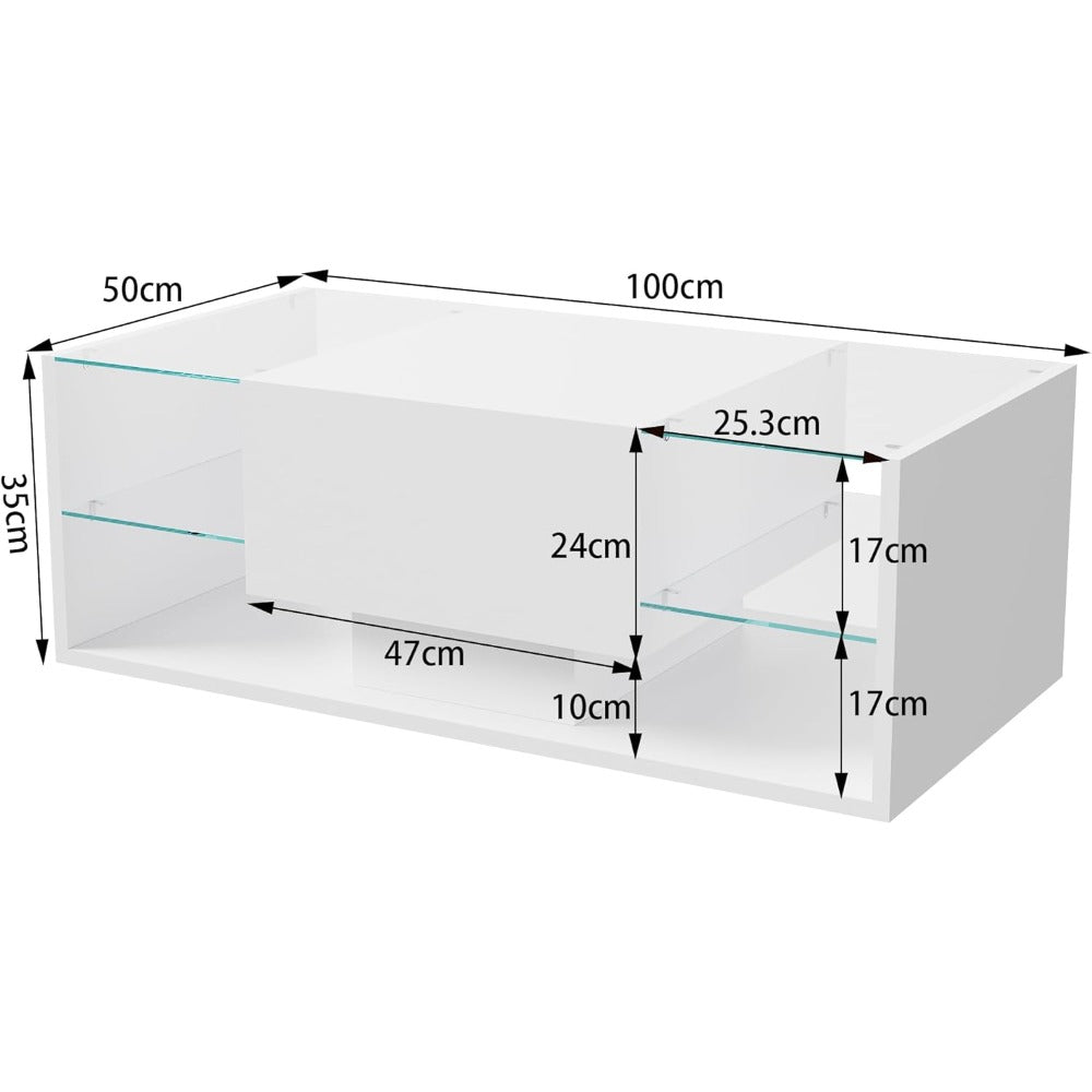 Salontafel – Woonkamertafel – Koffietafel – Tafel met Opbergruimte – LED Salontafel Wit – 100x50x35 cm – MDF en Glas Hoogglans