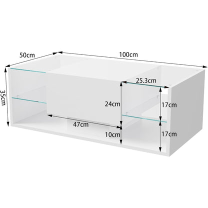 Salontafel – Woonkamertafel – Koffietafel – Tafel met Opbergruimte – LED Salontafel Wit – 100x50x35 cm – MDF en Glas Hoogglans