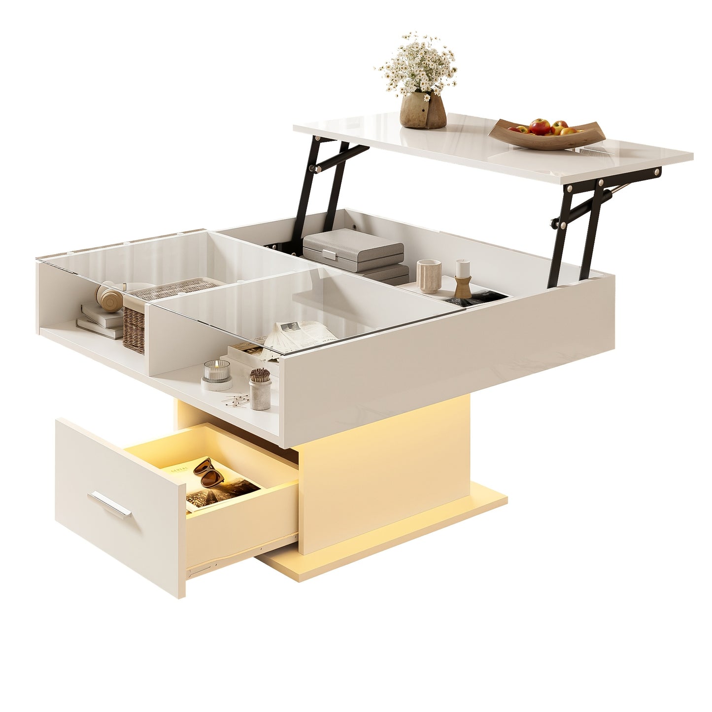 Salontafel – Tv-tafel – Bijzettafel – Koffietafel – Woonkamertafel – Verstelbare Hoogte – Hoogglans Wit Met Opbergruimte