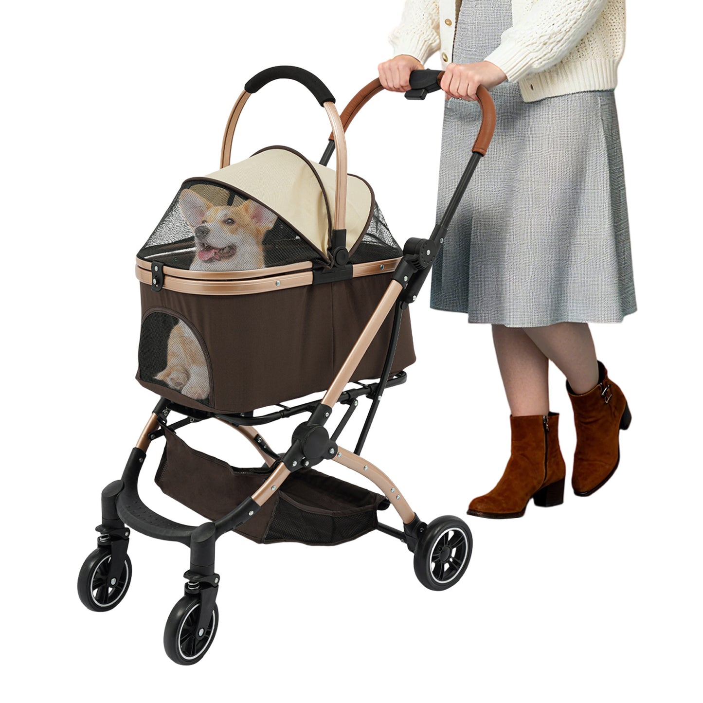 Foldable 4-Wheel All-Terrain Pet Stroller Cart with Canopy, Undercarriage Storage & Harness for dogs & cats - Heavy-Duty Nylon & Oxford Fabric Foldable Puppy/Kitten Carrier for Walks, Vet Visits, Airports, Shopping
