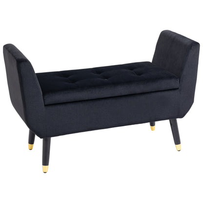 Opbergbank – Opbergbankje – Zitbank Met Opbergruimte – Halbank – Opbergkist – Fluweel Bekleding – Houten Poot – 107x42x65 cm – Zwart
