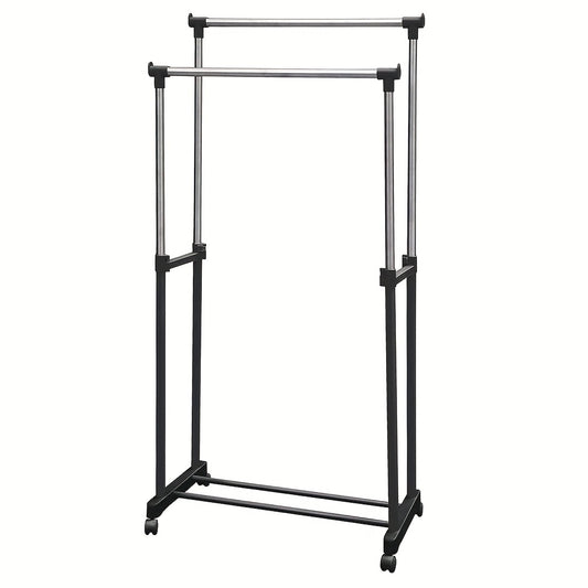 Kledingrek – Garderoberek – Kledingstang – Dressboy – Kledinghouder – Verstelbare Hoogte 108-170 cm – Stalen Dubbel Rek Met Schoenenrek En Wieltjes