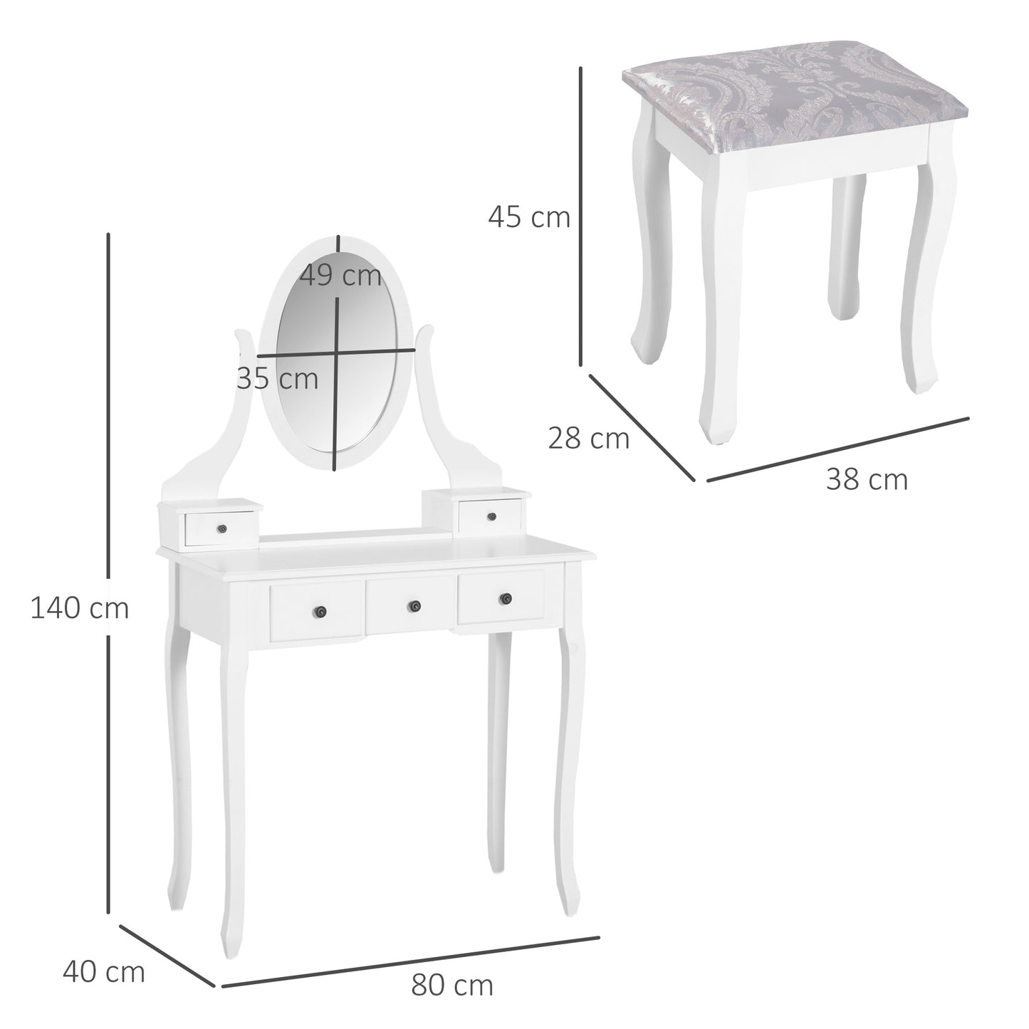 Kaptafel – Make-uptafel – Sieradentafel – Make-upmeubel – Kaptafelset Wit – 5 Ruime Laden – Massief Dennenhouten Poten