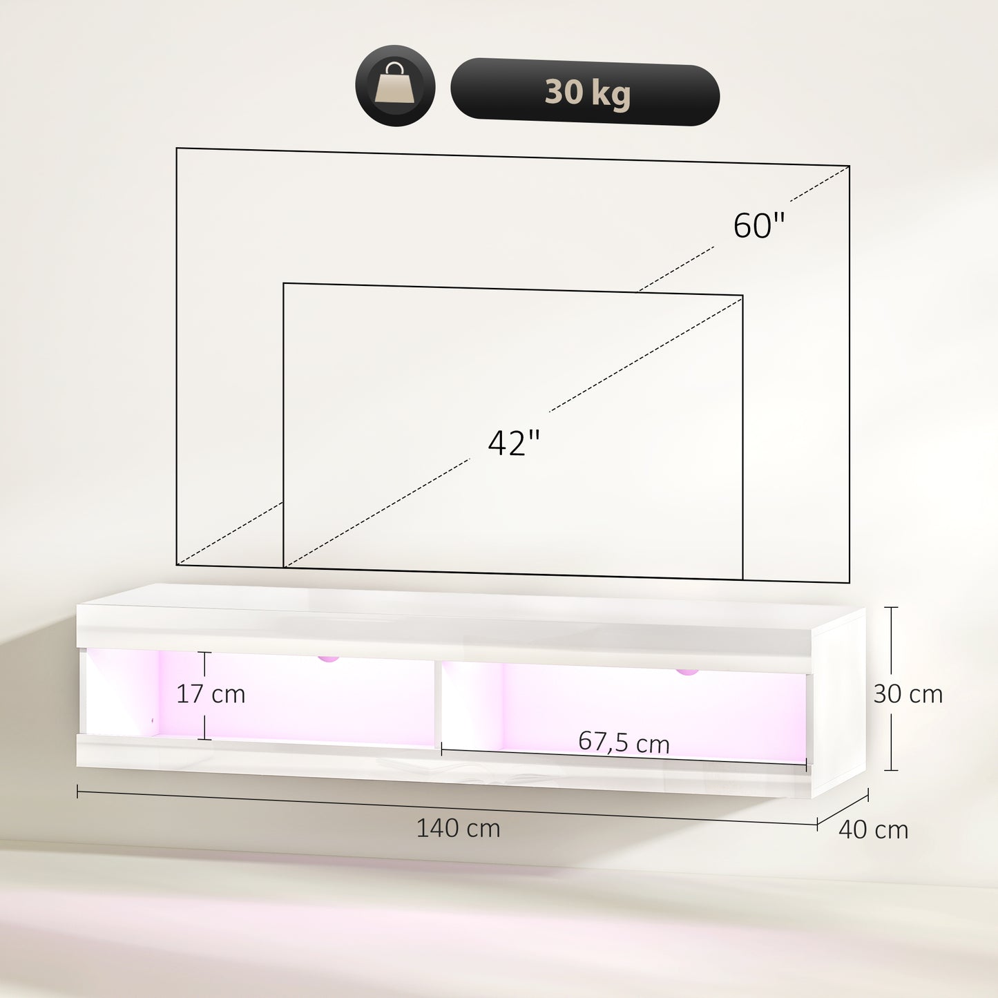 Tv Meubel – TV Kast – TV Meubel Hangend – Lowboard – TV Dressoir – Hoogglans Wit – RGB LED Verlichting 16 Kleuren – 140x40x30 cm