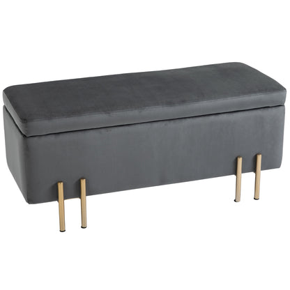 Bankje – Opbergbank – Zitbank – Opbergkist – Gestoffeerd – Donkergrijs – Met Opbergruimte – 100x40x42 cm – Rubberhout Frame – Metalen Poten