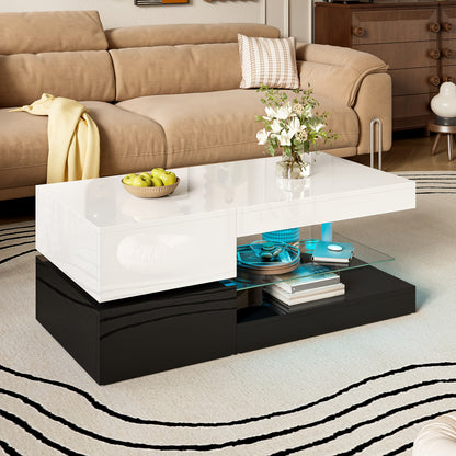 Salontafel – Koffietafel – Woonkamertafel – Tafel – Bijzettafel – Zwart-Wit Design – Gehard Glas – Ruimtebesparend – Stevig Metalen Onderstel – 90x45x35,5 cm – Eenvoudig Te Monteren