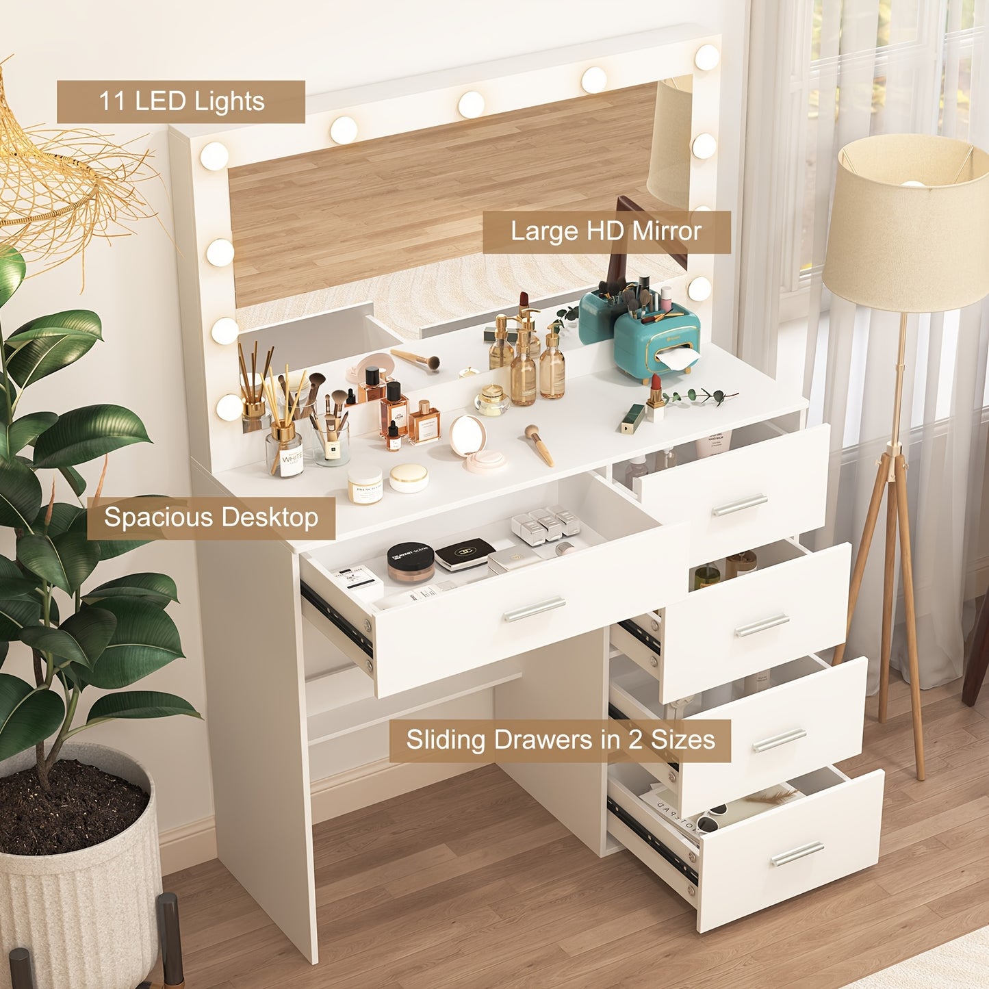 Kaptafel – Make-up Tafel – Cosmeticatafel – Opmaaktafel – Dressing Table – Wit – LED-Verlichting – 5 Lades