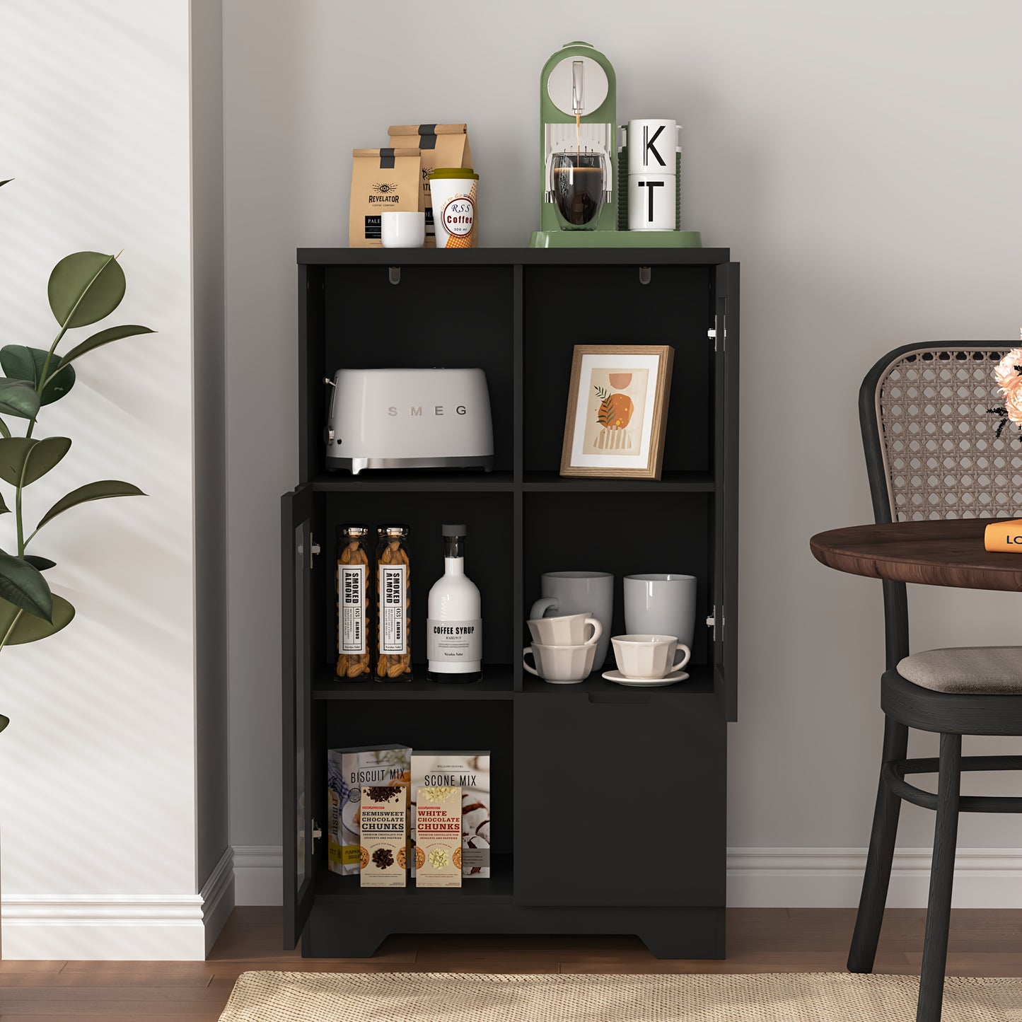 Modern Metal Sideboard Storage Cabinet with Glass Doors & Drawers - Black Freestanding Floor Cabinet, 68.58cm Height, Open & Closed Storage for Living Room, Bedroom, Dining Room, Cabinet Storage, Home Organization, Contempora
