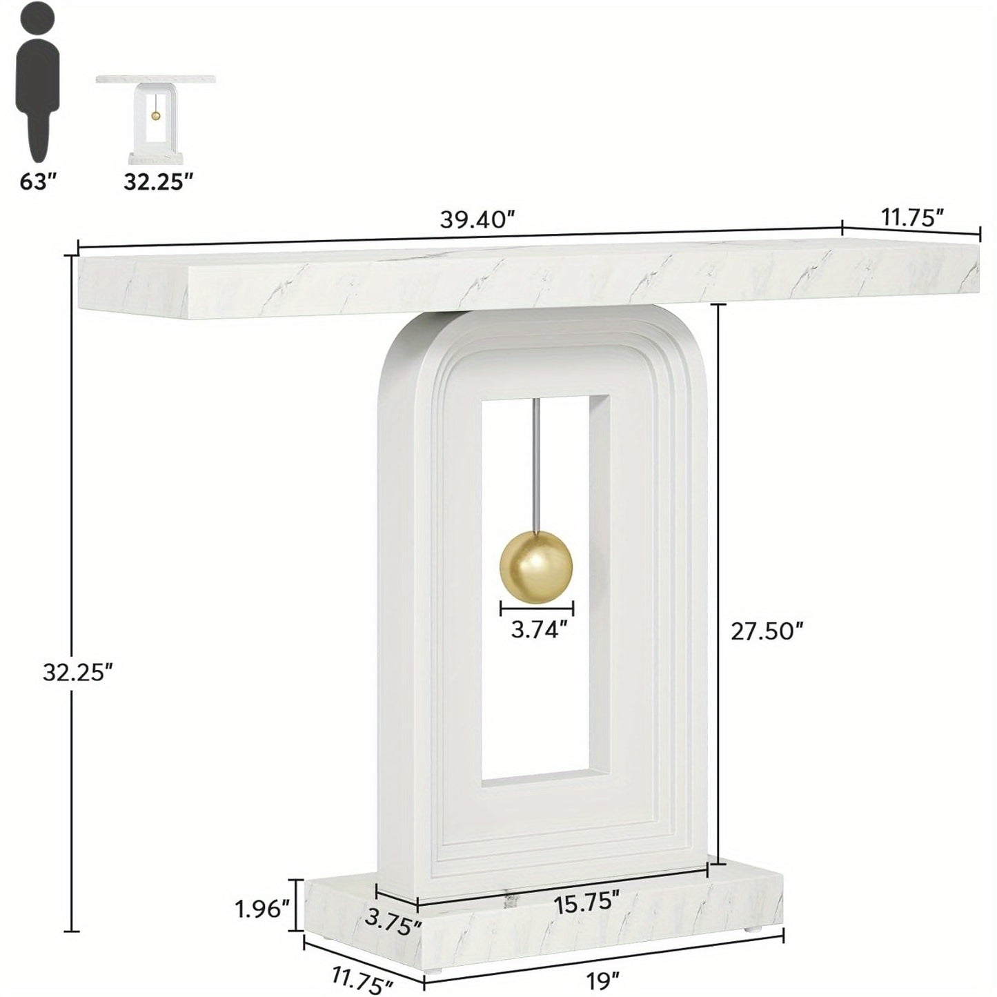 Sidetable – Consoletafel – Haltafel – Sofa Tafel – Narrow Table – Wit Kunstmarmer Blad – Pendulum Vormige Houten Onderstel – Modern Minimalistisch Design – Duurzaam MDF