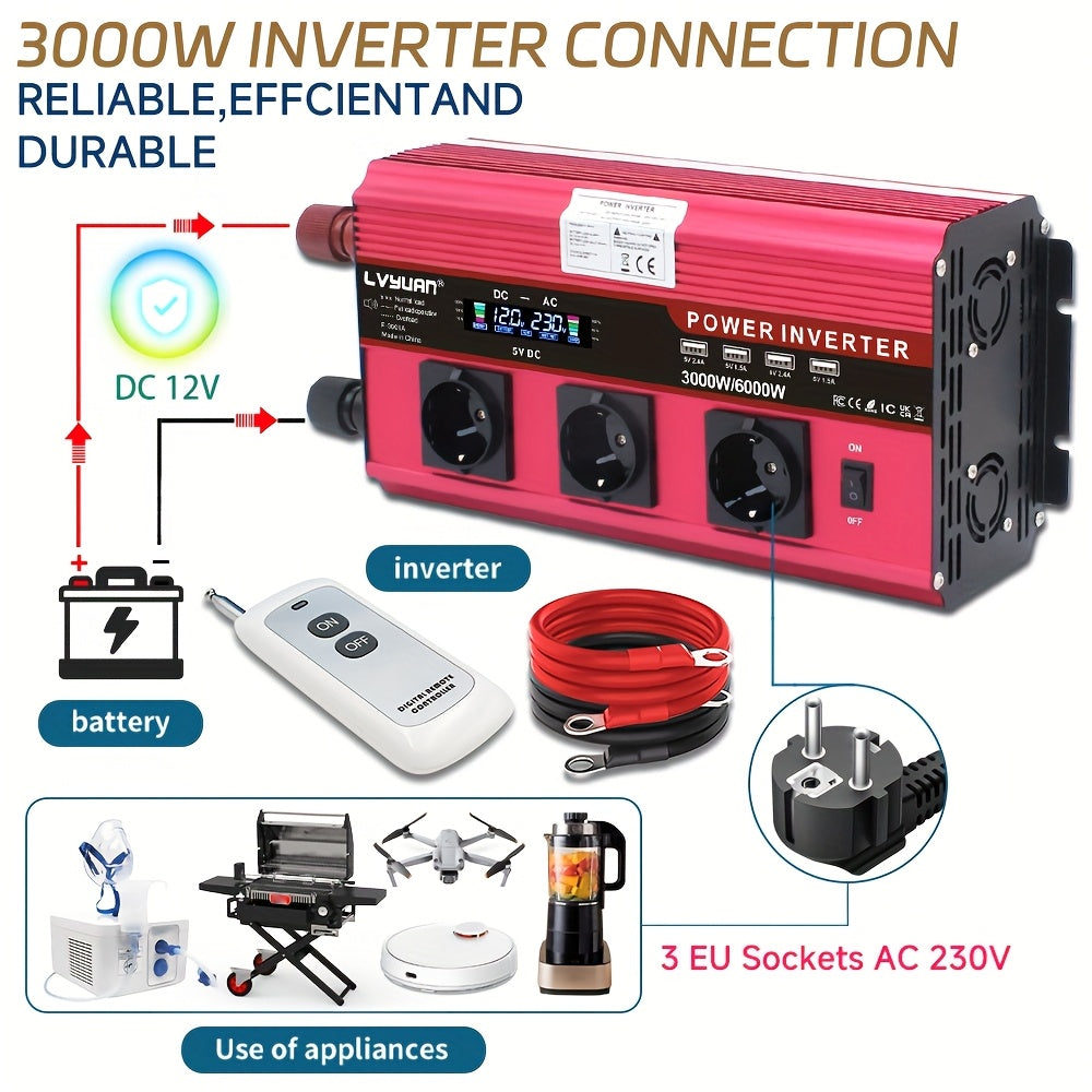 Power Inverter 12V naar 230V – Spanningsomvormer – Omvormer – Converter – Stroomomvormer – 3000W Vermogen – 4 AC-uitgangen en LCD Display