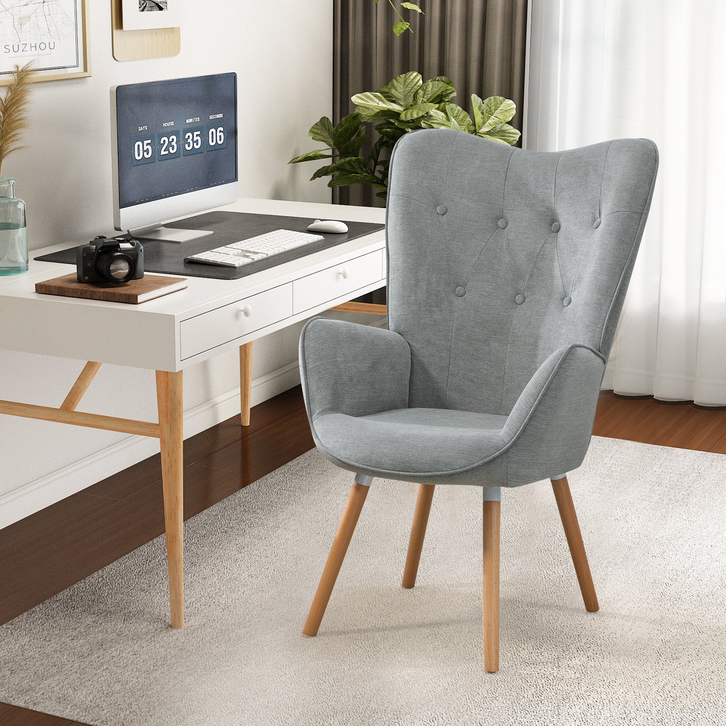 Fauteuil Scandinavisch – Zithoekstoel – Leunstoel – Lounge Chair – Relaxstoel – Grijs Stof – Houten Armleuningen – Afmeting 66x71x109 cm