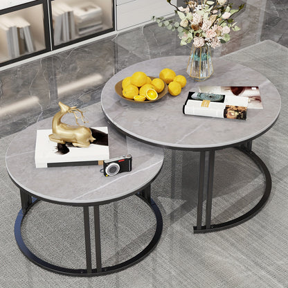 Salontafelset – Salontafels – Bijzettafels – Nesting Tafels – Ronde Tafels – Gesinterd Steen Blad – Metalen Onderstel – Set van 2