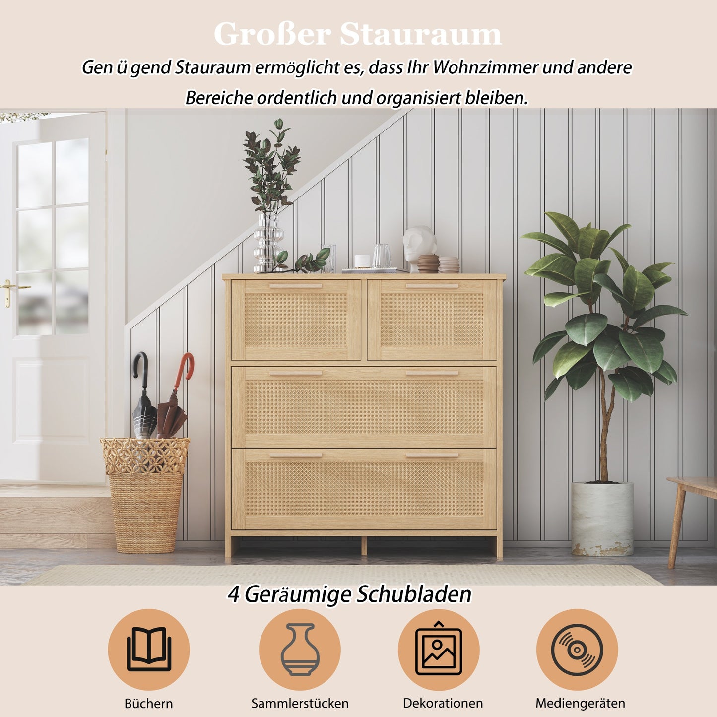 Opbergkast – Dressoir – Ladekast – Kast – Rattan Kast – 4 Grote Laden – Natuurlijk Wit Hout