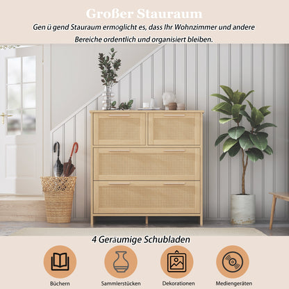 Opbergkast – Dressoir – Ladekast – Kast – Rattan Kast – 4 Grote Laden – Natuurlijk Wit Hout