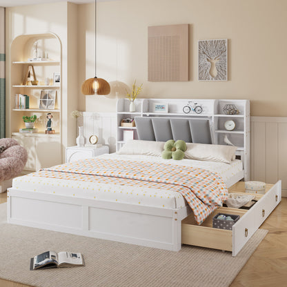 Bedframe – Tweepersoonsbed – Opbergbed – Met Lattenbodem – Metal Bed – Modern Design – 160x200 cm – Stevig Metalen Frame Met 3 Lade Opbergruimte & Liftdeksel