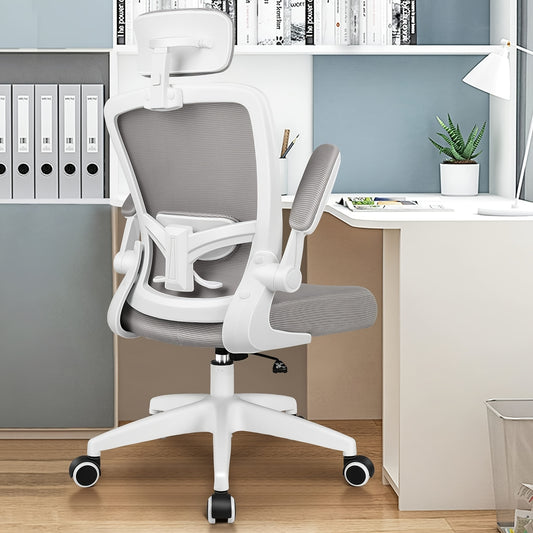 Ergonomische Bureaustoel – Kantoorstoel – Werkstoel – Draaistoel – Bureaukruk – Verstelbare Lendensteun – Hoog Rugleuning Met Hoofdsteun – Lichtgrijs Met Metaal Frame