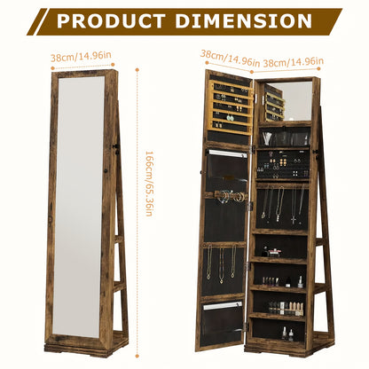 360° Draaibare Sieradencabinet – Sieradenkast – Make-up Organizer – Opbergkast – Sieradenrek – Volledige Spiegel – Duurzaam Houten Materiaal – Verticale Ruimtebesparende Stijl – Natuurlijke Houtkleur