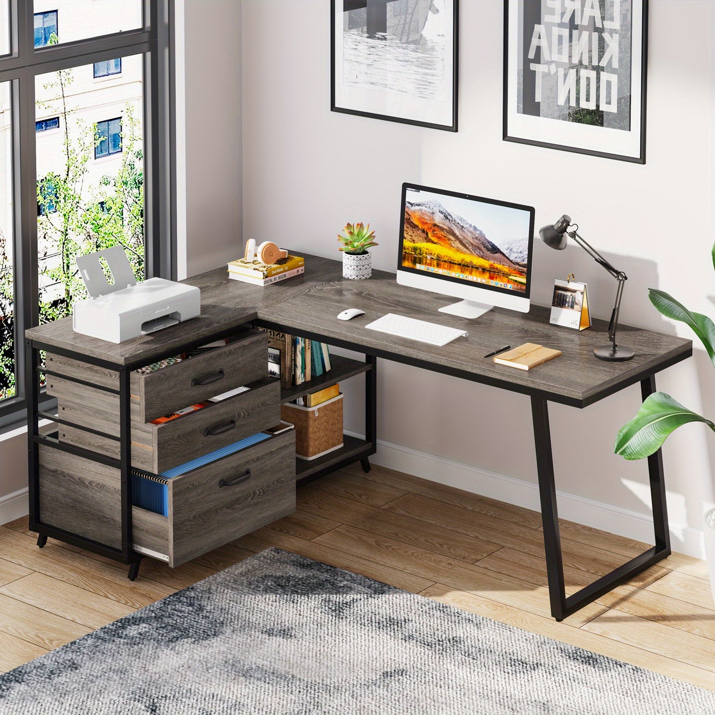 Hoekbureau – L-vormig Bureau – Computerbureau – Bureau Bureau – Thuiswerkbureau – 3 Laden – Reversibel Ontwerp – Industrieel Grijs – 135x100 cm